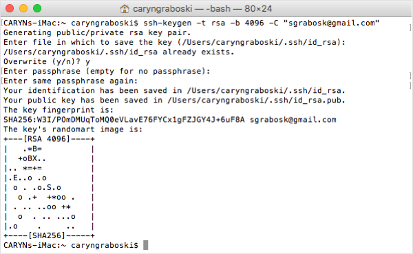 Terminal window displaying shh key.